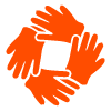 five orange hands forming a circle representing collaboration and teamwork around seven ideas